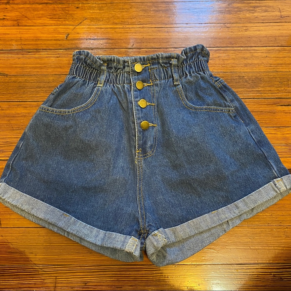 Dark wash high-rise paper bag shorts